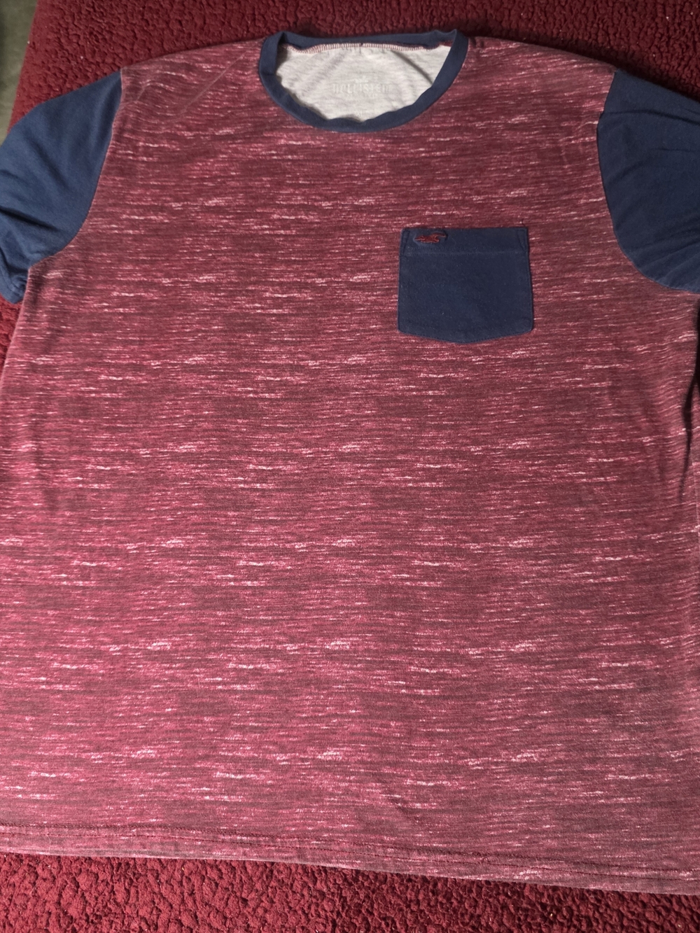 Hollister Maroon Heather Short Sleeve Tee with Navy Sleeves & Pocket